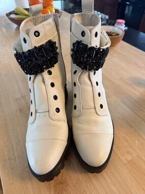 Karl Lagerfeld Cream Leather Combat Boots with Black Beaded Strap